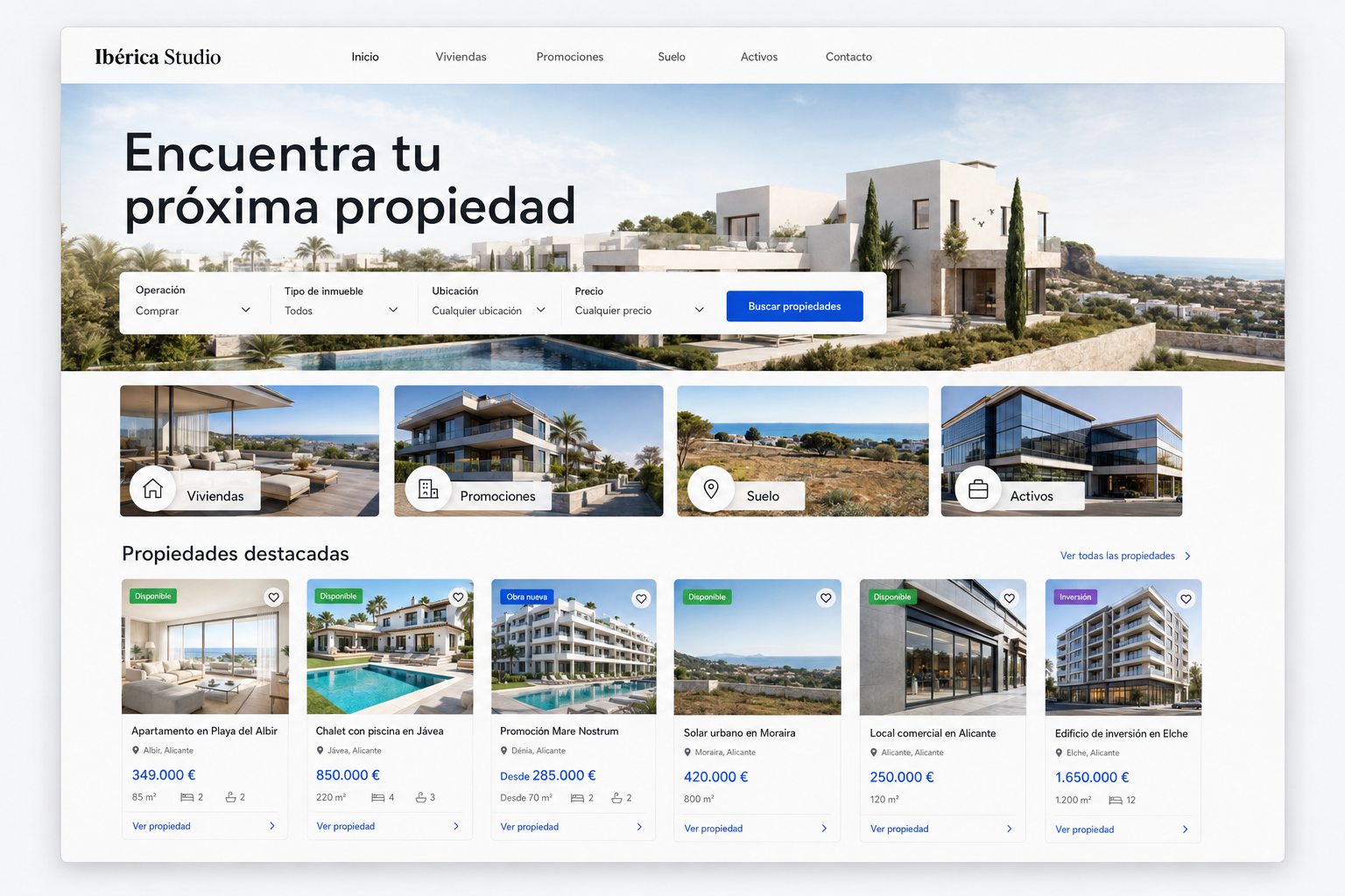Plataforma inmobiliaria propia para publicar propiedades, generar posicionamiento SEO y gestionar directamente las solicitudes de compradores e inversores.