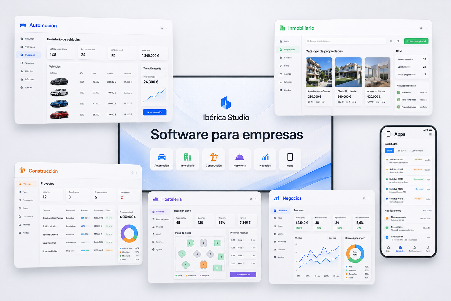 Ecosistema de software desarrollado por Ibérica Studio para los sectores de automoción, inmobiliario, construcción, hostelería y negocios, además de aplicaciones y soluciones empresariales personalizadas.